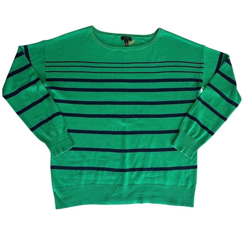 Privé Kelly Green & Navy Striped Merino Wool Cotton Blend Sweater Preppy Women L